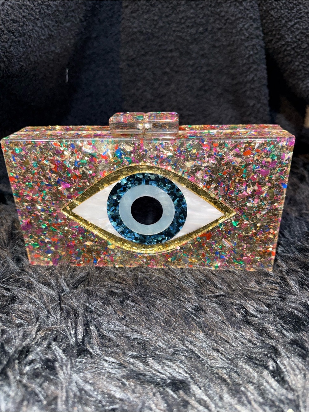 Glitter Gold Evil Eye Acrylic Clutch in Multicolor